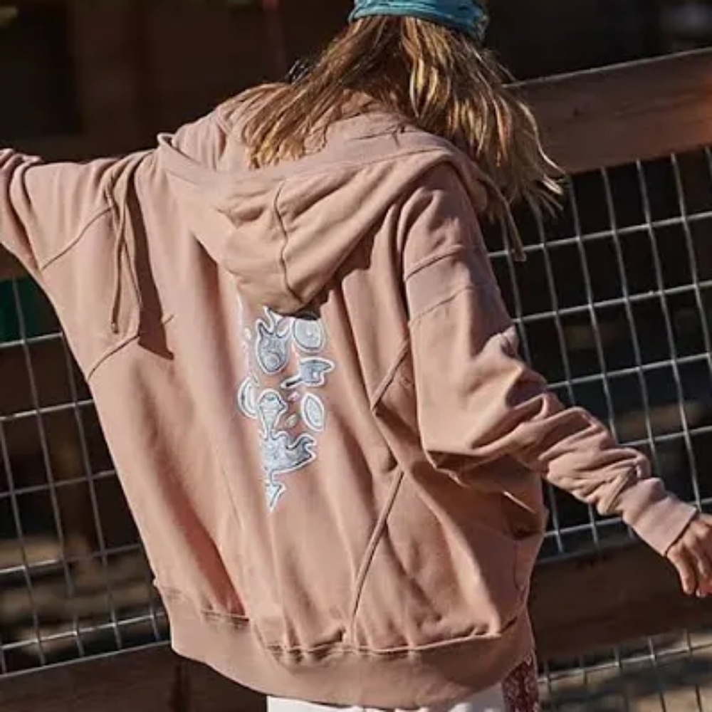 Free People Dusty Rose Hoodie with Blue Embroidered Back - Picture 2 of 11